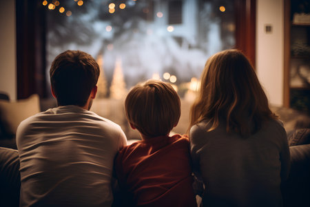 Back view of happy family sitting on sofa in cozy living room at homeの素材