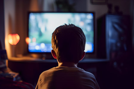 Rear view of a boy watching a movie on a television at homeの素材