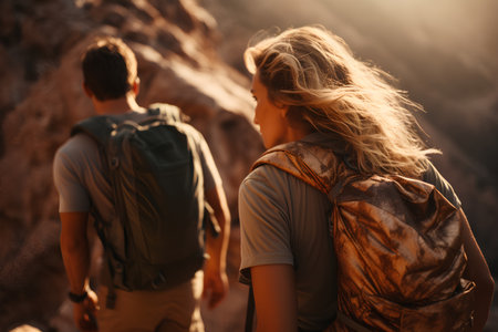 Back view of young couple with backpacks looking at each other while hiking in mountainsの素材