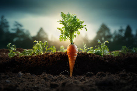 Carrot growing in soil with nature background. Concept of agriculture.の素材