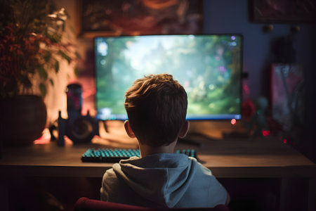Rear view of a boy sitting in front of a computer monitor and playing video gamesの素材