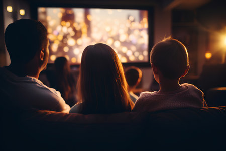 Happy family watching movie at home. Mother, father and their little daughter spending time together.の素材