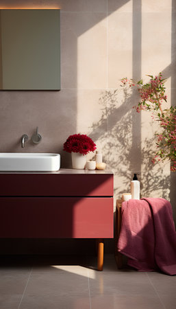 Bathroom interior with red bathtub, mirror, towel and flowers. 3d renderの素材