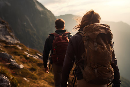 Back view of young couple with backpacks hiking in the mountains at sunsetの素材