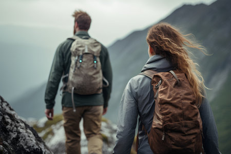 Trekking couple hiking in Norway mountains. Back view of man and woman hikers with backpacks walking on mountain trail.の素材