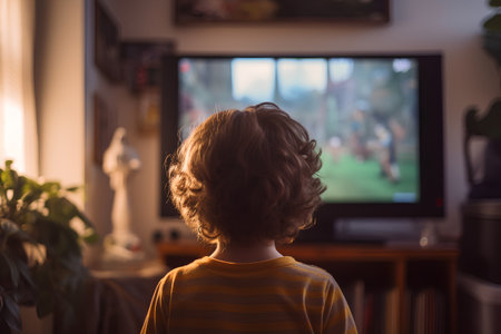 Rear view of a little boy watching a movie on a televisionの素材