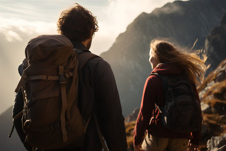 Back view of young couple hikers with backpacks hiking in mountains at sunsetの素材
