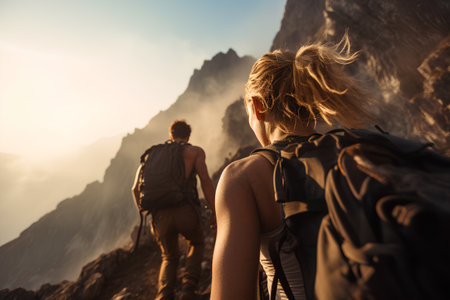 Hikers on the trail in the mountains. Trekking with backpacks.の素材