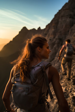 Backpacker woman hiking in mountains at sunset. Female hiker with backpack on top of the mountain.の素材