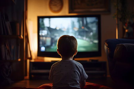 Adorable little boy watching TV at home in the living room.の素材