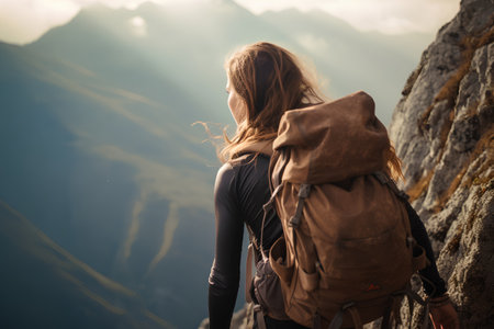 young woman hiker with backpack hiking on beautiful mountain peak cliff landscapeの素材