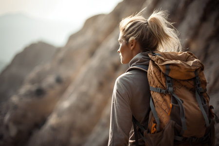 Young woman hiker with backpack on the top of a mountain.の素材