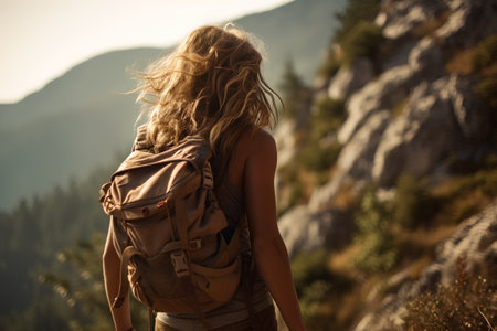 Young woman hiker with backpack hiking in mountains. Back view.の素材