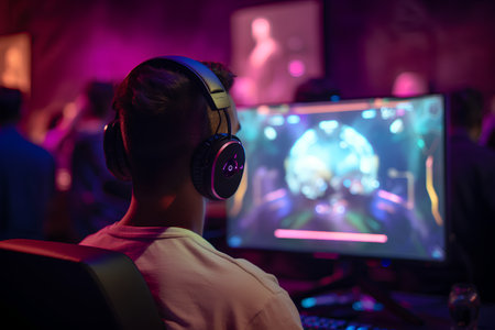 Young man in headphones playing online video games on computer at night clubの素材