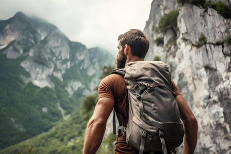Young man with backpack hiking in the mountains. Travel and adventure concept.の素材
