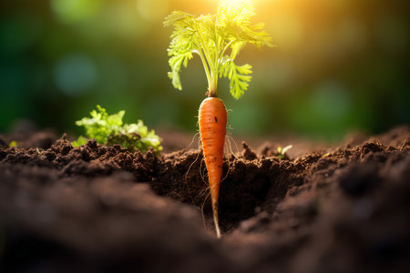 Carrot growing in the soil with green bokeh background.の素材