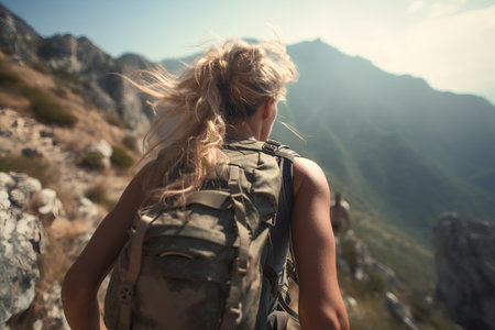young woman hiker with backpack hiking on beautiful mountain peak cliff in summerの素材