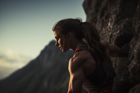 Athletic woman climbing on a rock in the mountains.の素材