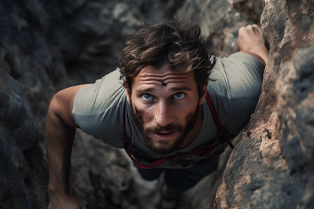 Portrait of a strong young man climbing on a rocky wall.の素材
