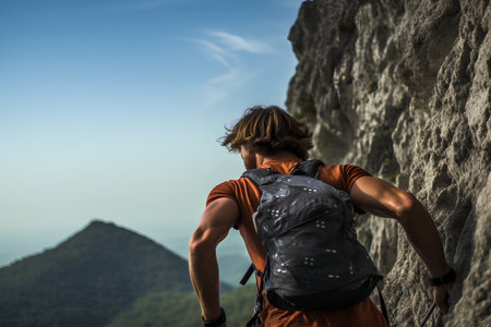 Young man with backpack standing on the edge of a cliff and enjoying the viewの素材