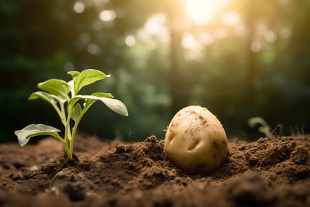 Young potato seedling growing in soil on blurred background, agriculture conceptの素材
