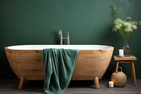 Bathroom interior with wooden bathtub and green wall. 3d renderの素材