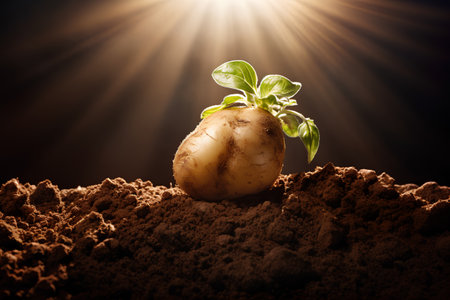 Potato seedling growing from soil on dark background with sun raysの素材