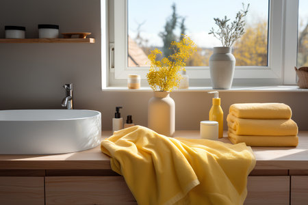 Bathroom interior with bathtub and towel. 3d renderの素材