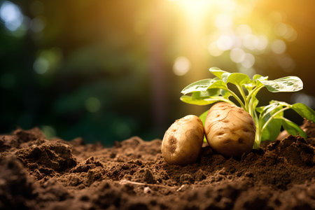 Young potato seedling growing on fertile soil with green bokeh backgroundの素材