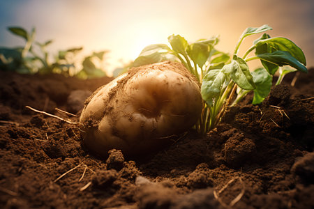 Potato seedling growing in soil. Selective focus. nature.の素材
