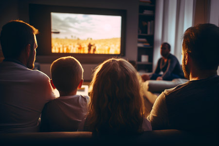 Back view of family watching movie on tv at home in evening.の素材