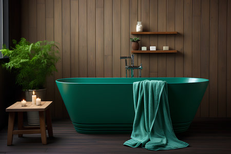 Modern bathroom interior with green bathtub and wooden shelf. 3d renderの素材