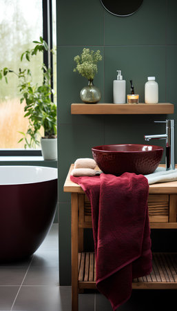 Interior of modern bathroom with green tile walls, tiled floor, comfortable bathtub and red towel. 3d renderingの素材