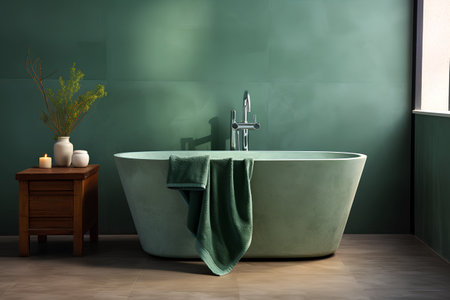 Interior of modern bathroom with green walls, concrete floor, green bathtub and wooden sink. 3d renderの素材