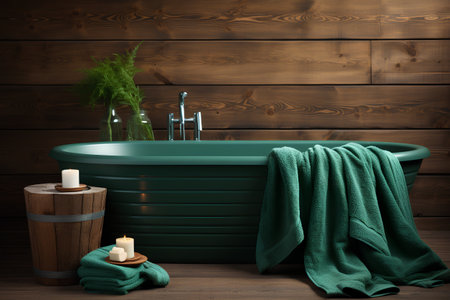 green bathtub with towel and candle on wooden background, 3d renderの素材