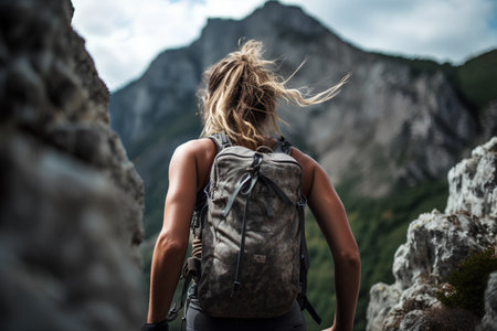 Young woman with a backpack hiking in the mountains. Back view.の素材