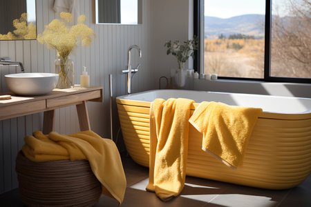 Bathroom interior with yellow bathtub and a yellow towel. 3d renderingの素材