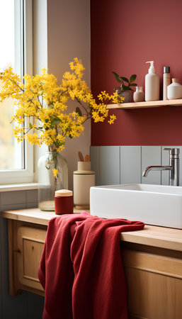 Interior of modern bathroom with red walls, wooden countertops, white bathtub with red towel and yellow flowers in vase. 3d renderingの素材