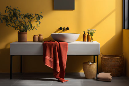 Bathroom interior with bathtub and towel on the table. 3d renderの素材