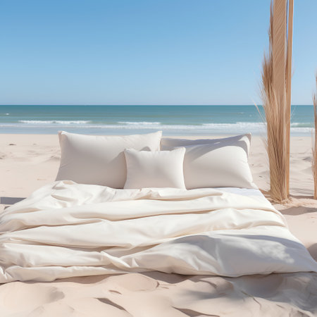 White pillows on the beach in summer. 3d rendering.の素材