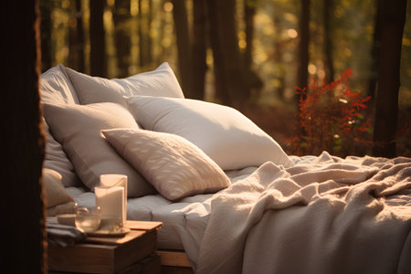 Wooden bed with pillows and a candle in the forest.の素材