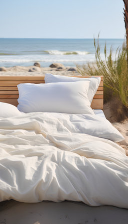 Wooden bed with white pillows on the beach in the morningの素材