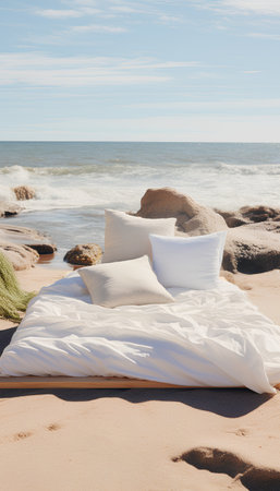 White pillows on the sand by the sea. 3d renderingの素材