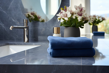 Bathroom interior with blue towels and flowersle countertopの素材