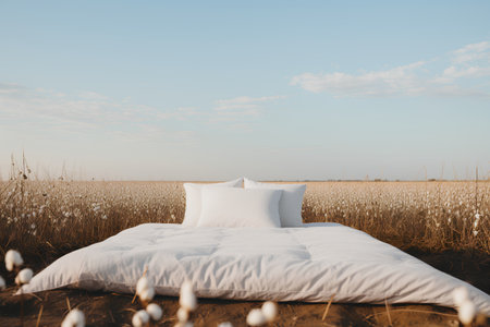 White pillow on a bed in the field. 3d rendering.の素材