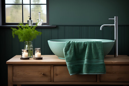 Bathroom interior with bathtub, green towel and candles. 3d renderの素材