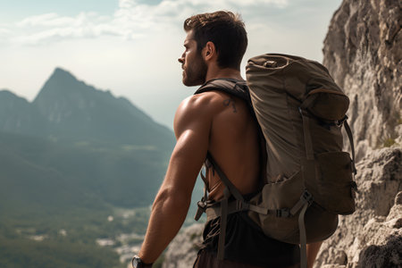 Handsome young man with backpack standing on top of a mountain and looking awayの素材