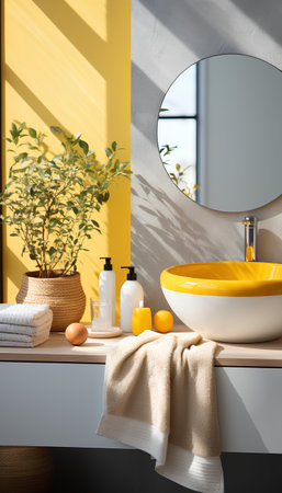 Interior of modern bathroom with white and yellow walls, concrete floor, white bathtub, round mirror and towels. 3d renderingの素材