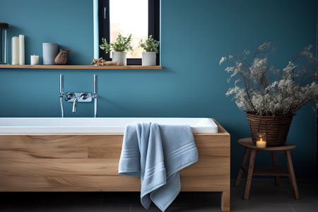 Bathroom interior with blue walls, tiled floor, comfortable bathtub and a round sink. 3d renderingの素材