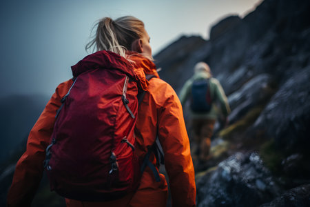 Couple hikers with backpacks hiking in the mountains at sunset.の素材